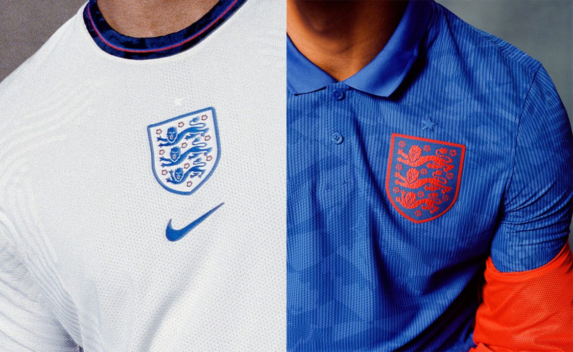 Pormenores estampados nas camisolas (principal, à esquerda, e secundária, à direita) da Inglaterra