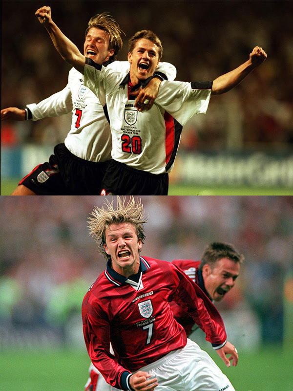 David Beckham e Michael Owen, estrelas da Inglaterra, equipados «a rigor» com os uniformes do Mundial 1998 (em cima, o principal; em baixo, o secundário)